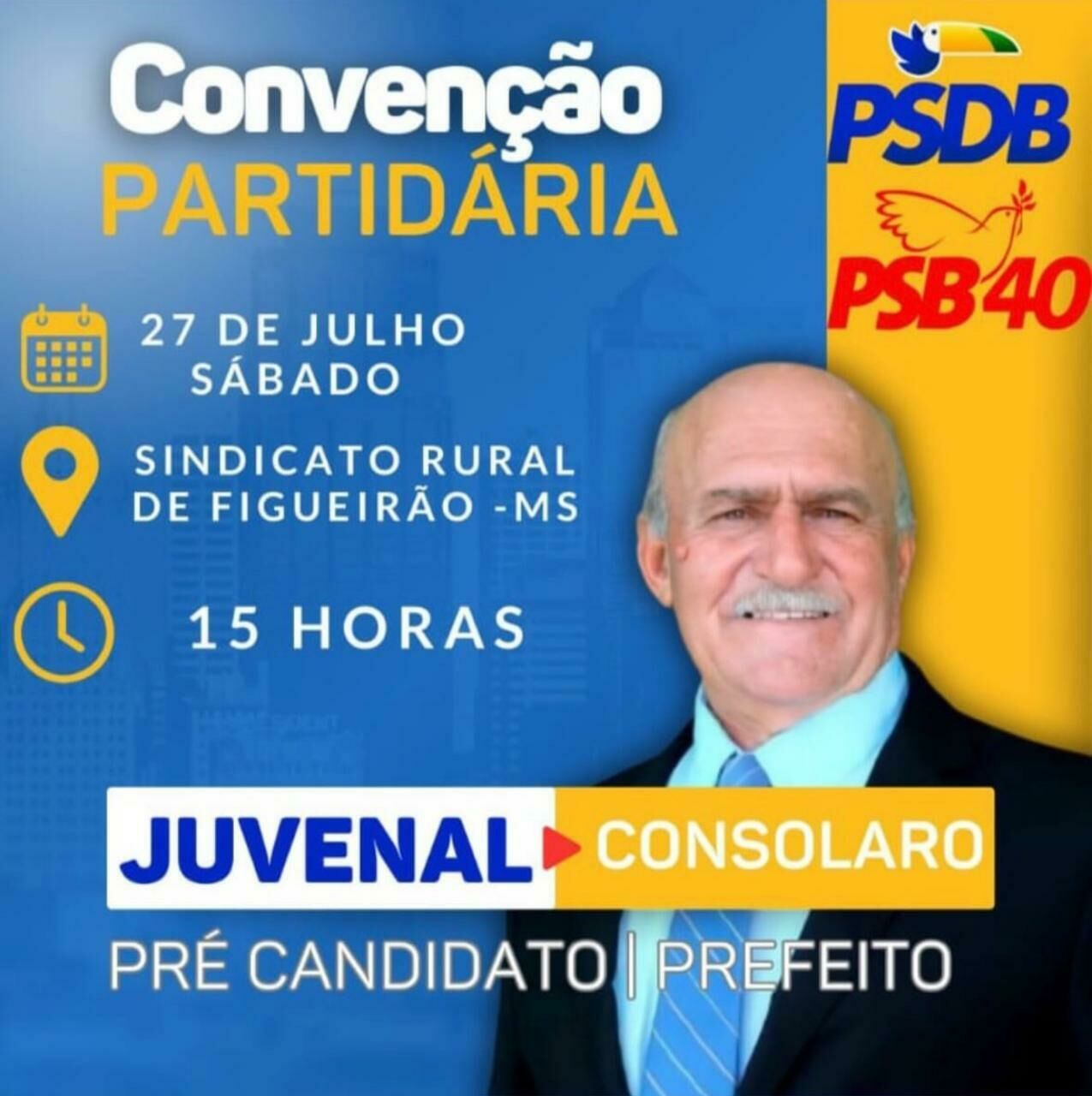 Imagem de compartilhamento para o artigo Professor Juvenal terá convenção partidária neste sábado em Figueirão da MS Todo dia